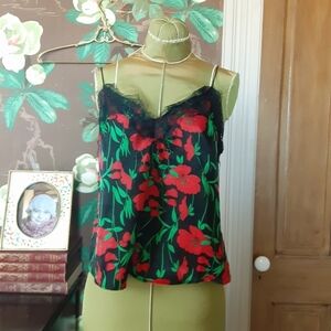 LUSH Black Floral Lace Trim Cami Red Floral Print Size Medium